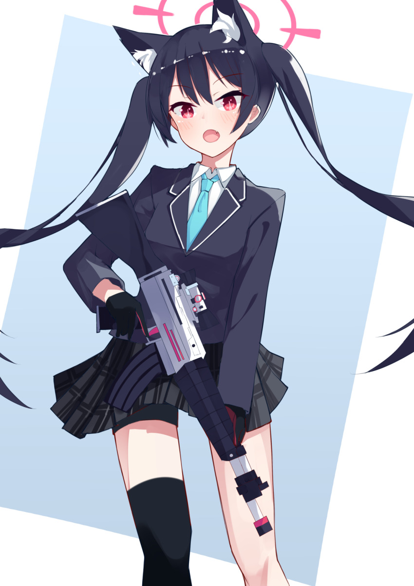 1girl animal_ear_fluff animal_ears assault_rifle beretta_ar70/90 black_gloves black_hair black_skirt black_thighhighs blazer blue_archive blue_jacket blue_necktie blush breasts cat_ears collared_shirt commentary_request cowboy_shot fang gloves gun haigoma hair_between_eyes halo highres holding holding_gun holding_weapon jacket long_hair long_sleeves looking_at_viewer miniskirt necktie open_mouth plaid_clothes plaid_skirt pleated_skirt red_eyes rifle serika_(blue_archive) shirt single_thighhigh skirt small_breasts solo standing thighhighs twintails two-tone_gloves weapon white_shirt
