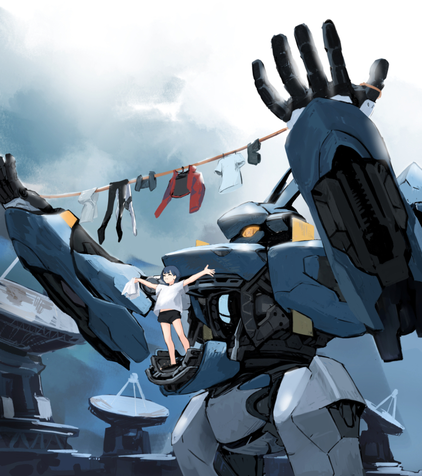 1girl arms_up black_pantyhose black_shorts blue_hair closed_eyes closed_mouth clothes clothesline cloud cloudy_sky commentary_request dark_clouds day drying drying_clothes highres holding holding_towel jacket mecha mikan_lemon open_cockpit original outdoors outstretched_arms pantyhose radio_telescope red_jacket robot science_fiction shirt short_hair short_shorts short_sleeves shorts sky spread_arms standing t-shirt towel white_shirt yellow_eyes