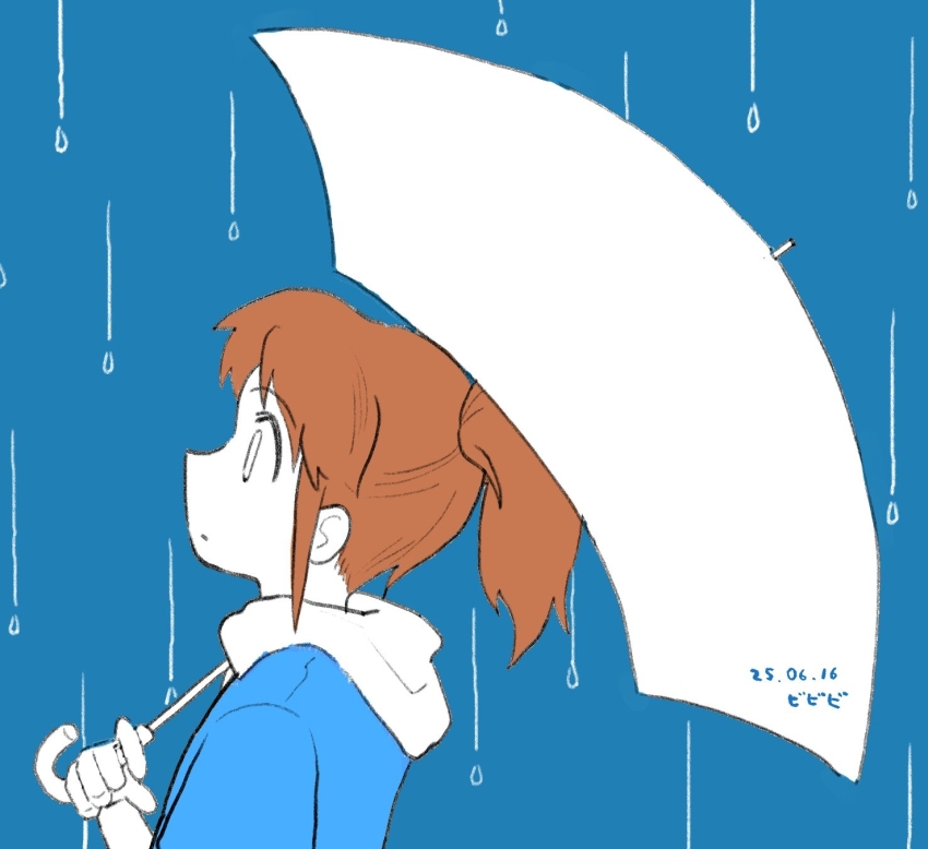 1girl 2025 artist_request blue_hoodie brown_hair city_(arawi_keiichi) colored_skin highres holding holding_umbrella hood hoodie nagumo_midori non-web_source ponytail rain simple_background solo source_request tareme umbrella upper_body water_drop white_skin white_umbrella