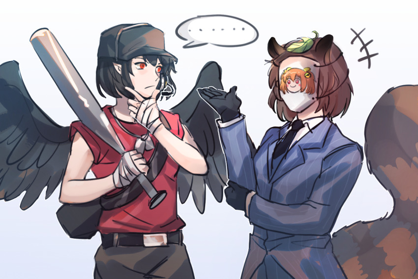 +++ ... 2girls animal_ears backpack bag bandaged_hand bandages baseball_bat bell belt belt_buckle black_bag black_belt black_gloves black_hair black_headwear black_necktie black_pants black_wings blu_spy_(tf2) blue_jacket blue_pants blue_suit blush_stickers brown_hair buckle character_mask chinese_commentary closed_mouth coattails collared_shirt commentary_request cosplay dog_tags feathered_wings formal_clothes frown futatsuiwa_mamizou gloves hair_bell hair_ornament hand_on_own_arm hand_on_own_chin hat headset holding holding_baseball_bat jacket layered_sleeves leaf leaf_on_head long_sleeves looking_at_another mask motoori_kosuzu multiple_girls necktie orange_hair outstretched_hand pants pinstripe_pattern pinstripe_suit pointy_ears raccoon_ears raccoon_tail red_eyes red_scout_(tf2) red_shirt scout_(tf2) scout_(tf2)_(cosplay) sdz_(inazuma) shameimaru_aya shirt short_hair short_sleeves smile speech_bubble spy_(tf2) spy_(tf2)_(cosplay) striped suit tail team_fortress_2 touhou twintails upper_body white_background white_shirt wings