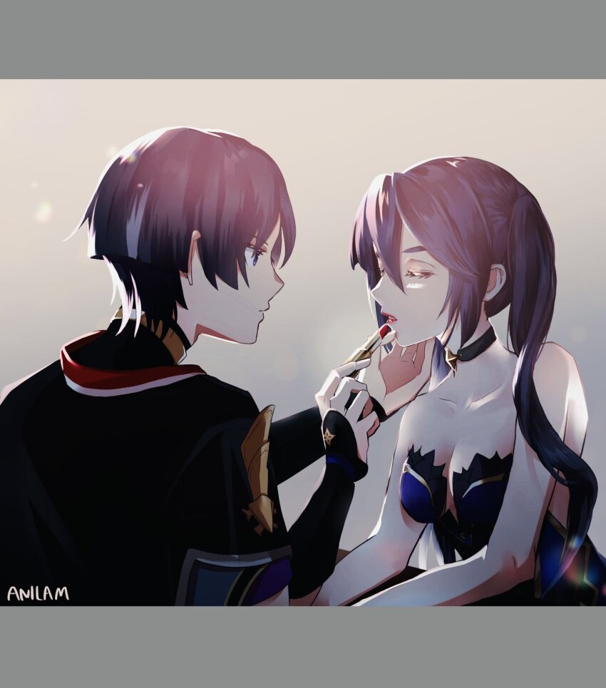 1boy 1girl applying_lipstick applying_makeup arm_rest armor artist_name bare_shoulders black_bodysuit black_choker black_hair black_sleeves blunt_ends bodysuit border breasts choker cleavage closed_mouth collarbone cosmetics eyelashes facing_another genshin_impact gold gold_trim grey_border hair_between_eyes hand_on_another&#039;s_chin hands_up highres holding holding_lipstick_tube japanese_armor japanese_clothes jewelry kimono kote kurokote layered_sleeves leotard letterboxed lipstick_tube long_hair looking_at_another medium_breasts mona_(genshin_impact) multicolored_hair neck_ring parted_lips purple_eyes purple_leotard purple_sleeves red_lips red_trim remind_lam22 scaramouche_(genshin_impact) short_sleeves sidelocks star_(symbol) star_choker strapless strapless_leotard streaked_hair turtleneck turtleneck_bodysuit twintails white_hair white_kimono white_trim
