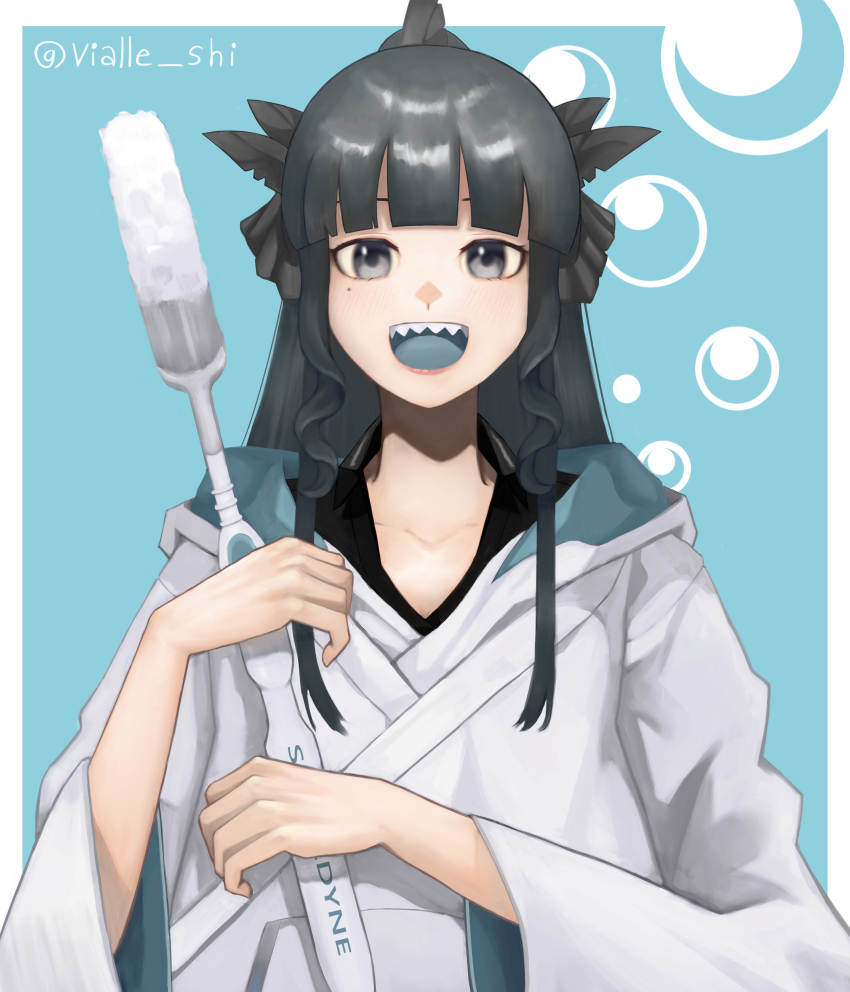 1girl absurdres artemis_of_the_blue artist_name atelier_live black_eyes black_hair blue_background blue_tongue border colored_tongue commentary english_commentary highres hood hood_down hoodie mole mole_under_eye open_mouth ponytail shark_girl sharp_teeth simple_background solo teeth toothbrush vialle virtual_youtuber wavy_sidelocks white_border white_hoodie wide_sleeves