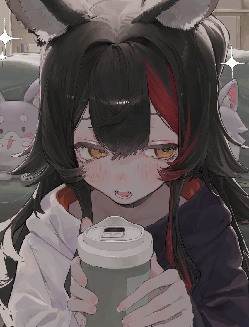 1girl 87yanagi absurdres animal_ear_fluff animal_ears black_choker black_hair blush choker commentary couch cup eyelashes fang fingernails hair_intakes hashtag-only_commentary highres holding holding_cup hololive hood hood_down hoodie indoors looking_to_the_side miofa_(ookami_mio) multicolored_hair nose_blush ookami_mio ookami_mio_(casual) open_mouth orange_eyes sidelocks solo streaked_hair teeth upper_body virtual_youtuber