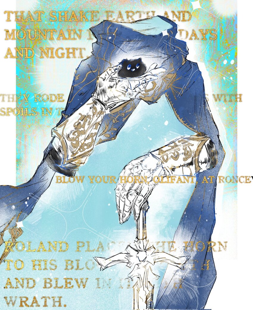 1boy a_knight_(reverse:1999) aqua_background armor blue_cape border cape carbuncle_(reverse:1999) creature eat_cola english_text gauntlets hand_up highres holding holding_creature holding_sword holding_weapon invisible ornate_armor outside_border reverse:1999 sword weapon white_border