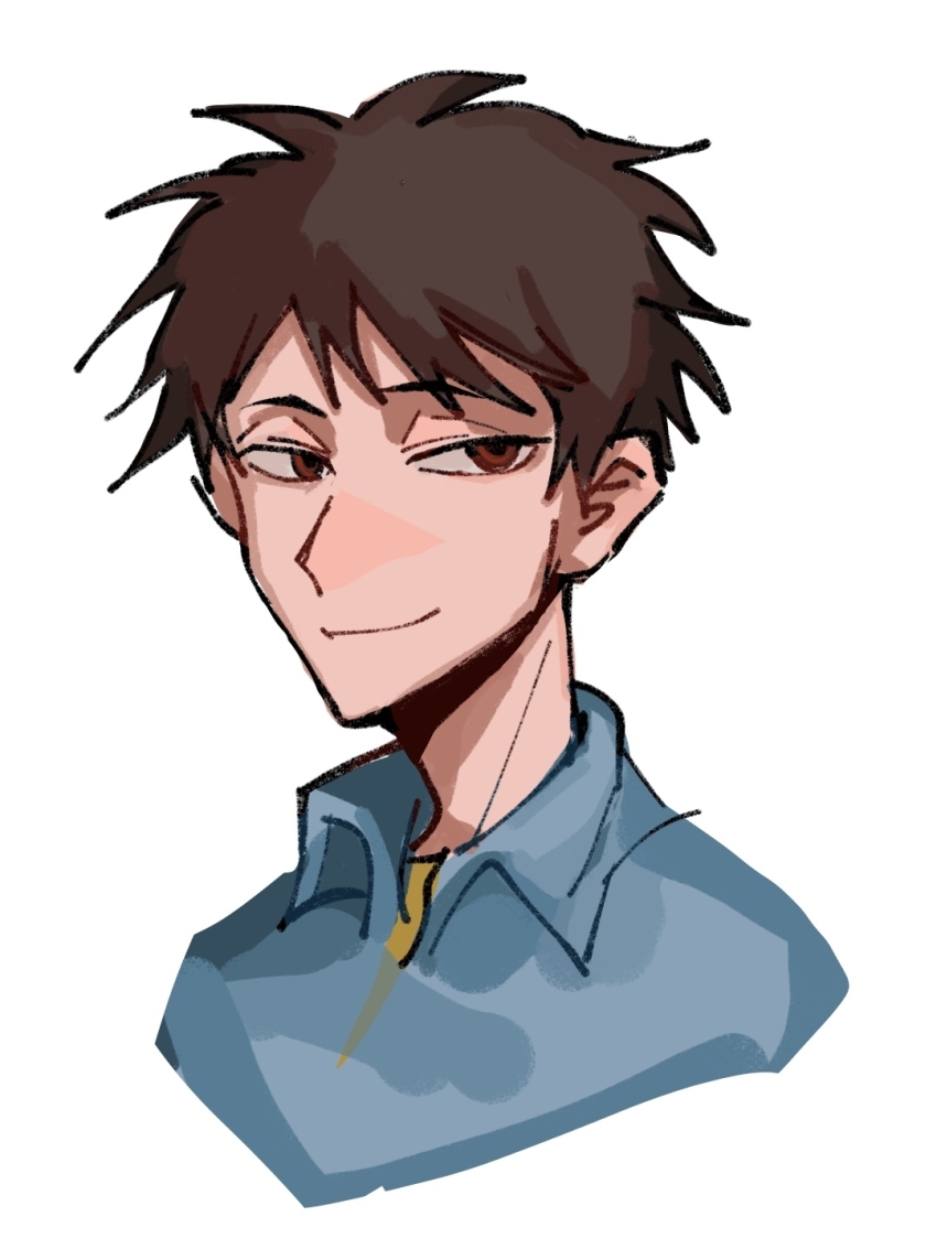 1boy beiquqian blue_shirt brown_hair chinese_commentary closed_mouth collared_shirt commentary_request cropped_shoulders harada_minoru highres male_focus red_eyes saibou_shinkyoku shirt short_hair simple_background smile solo undershirt white_background yellow_shirt