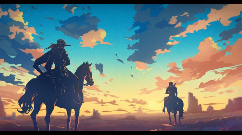2boys cape cloud cloudy_sky cowboy_hat dudinika from_behind gyro_zeppeli hat highres horseback_riding johnny_joestar jojo_no_kimyou_na_bouken long_hair morning mountainous_horizon multiple_boys riding sky slow_dancer_(jojo) steel_ball_run valkyrie_(jojo)