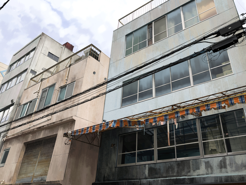 abandoned awning building city cloud cloudy_sky commentary condenser_unit day drainpipe english_commentary highres karasu_(hageabura-jr) no_humans original outdoors power_lines railing realistic scenery sky window
