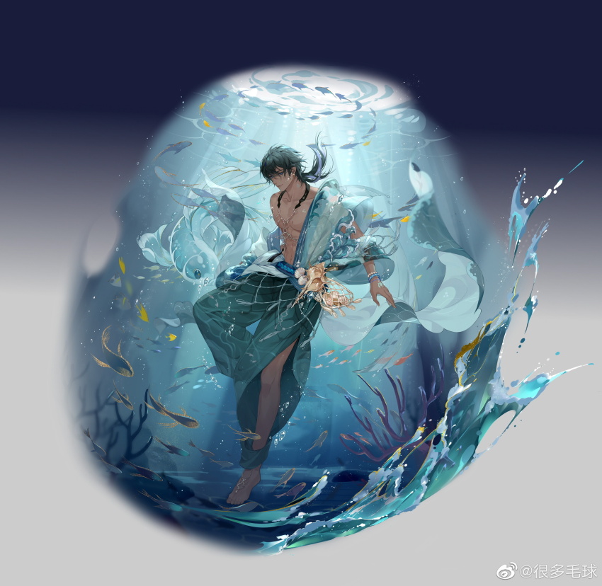 1boy absurdres ahoge air_bubble animal_print anklet aqua_pants aqua_robe arm_at_side bare_pectorals barefoot black_hair black_pants black_sash blue_eyes blue_sash bracelet bubble caustics chinese_clothes chinese_commentary clam closed_mouth clothing_cutout coral dark-skinned_male dark_skin dongfang_mao_qiu earrings fish fish_print fishing_net full_body gradient_pants grey_background hair_between_eyes hand_tattoo highres hua_yi_shanxin_zhiyue jewelry leg_cutout light_particles looking_at_animal male_focus medium_hair multicolored_hair multiple_bracelets neck_tassel necklace nipples official_art open_clothes open_robe pants pectorals print_pants print_robe puffy_pants robe sash scales school_of_fish seashell see-through_clothes see-through_robe shell shell_earrings single_bare_shoulder smile solo splatter streaked_hair stud_earrings tassel tattoo three-quarter_sleeves toned toned_male underwater watermark wave_print weibo_watermark wide_sleeves wolf_cut xia_tai