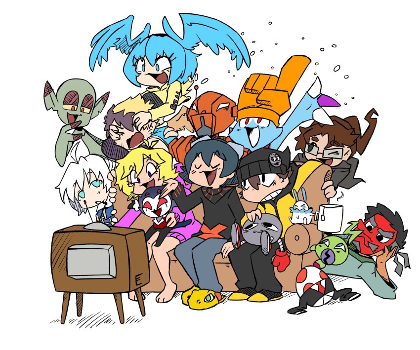 agumon claws couch digimon formal_clothes glasses goggles goggles_on_head highres mamemon mameo_(digimon) open_mouth original shutumon suit taiga_(digimon) wings wormmon