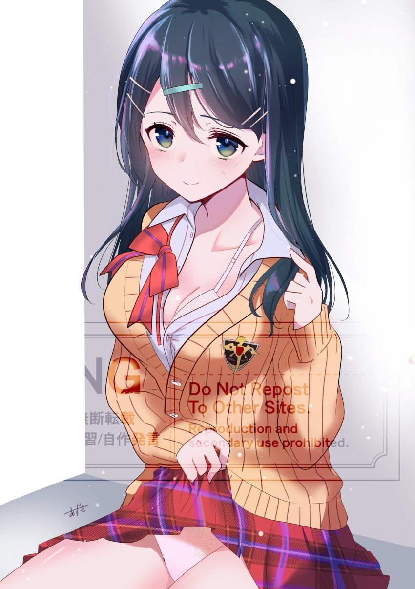 1girl absurdres azusa_(azchemist63) blue_eyes blue_hair blush bra breasts cleavage collared_shirt commentary_request fire_emblem hair_between_eyes highres large_breasts long_hair looking_at_viewer nintendo oribe_tsubasa panties red_skirt school_uniform shirt skirt solo tokyo_mirage_sessions_fe underwear white_shirt