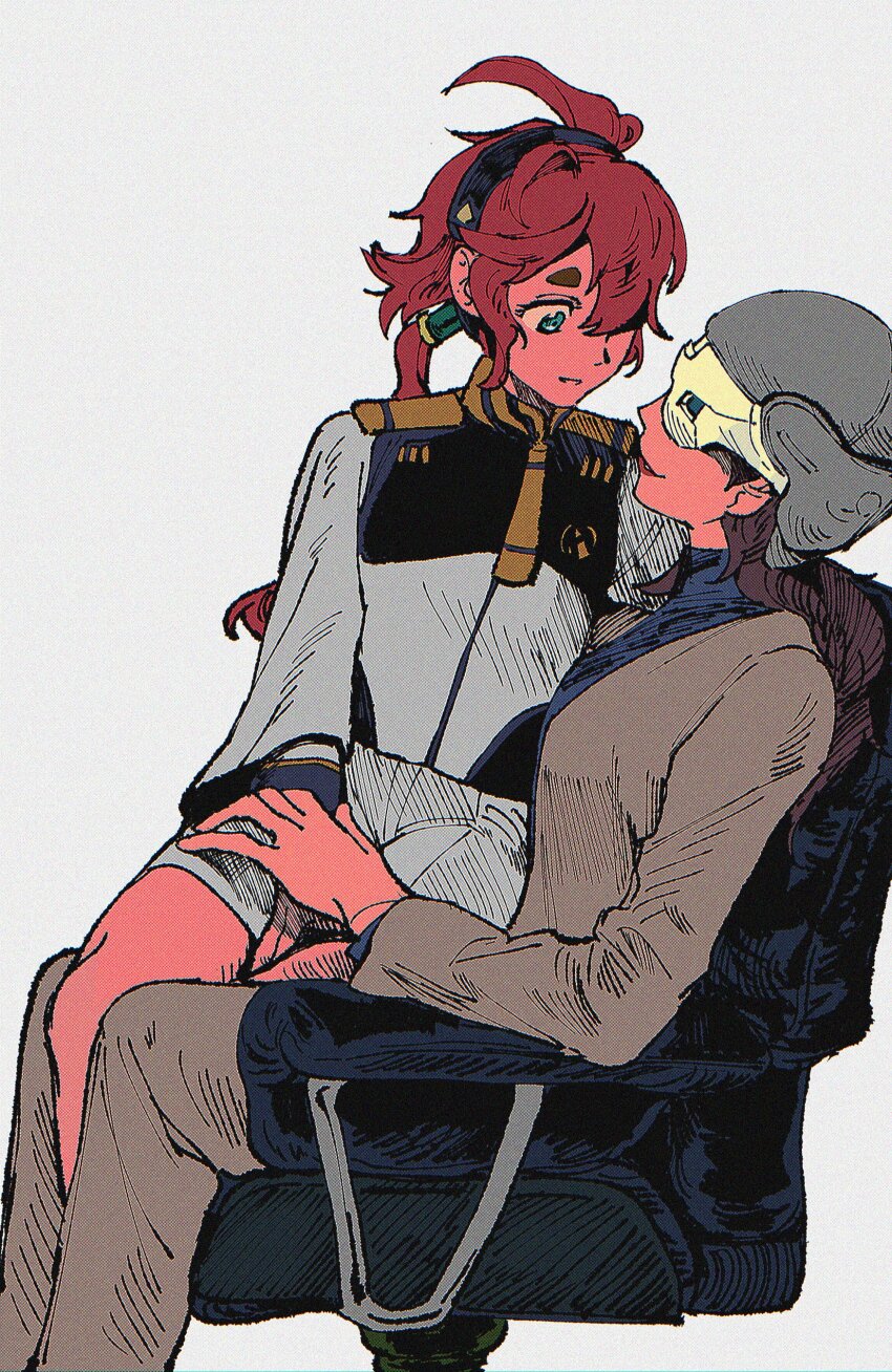 2girls absurdres ahoge armchair asticassia_school_uniform babakun black_hairband brown_hair chair grey_jacket grey_pants gundam gundam_suisei_no_majo hair_between_eyes hairband helmet highres jacket long_hair long_sleeves looking_at_another low_ponytail mask mother_and_daughter multiple_girls pants ponytail prospera_mercury red_hair red_lips school_uniform shorts simple_background sitting sitting_on_lap sitting_on_person smile suletta_mercury thick_eyebrows white_jacket white_shorts wide_sleeves