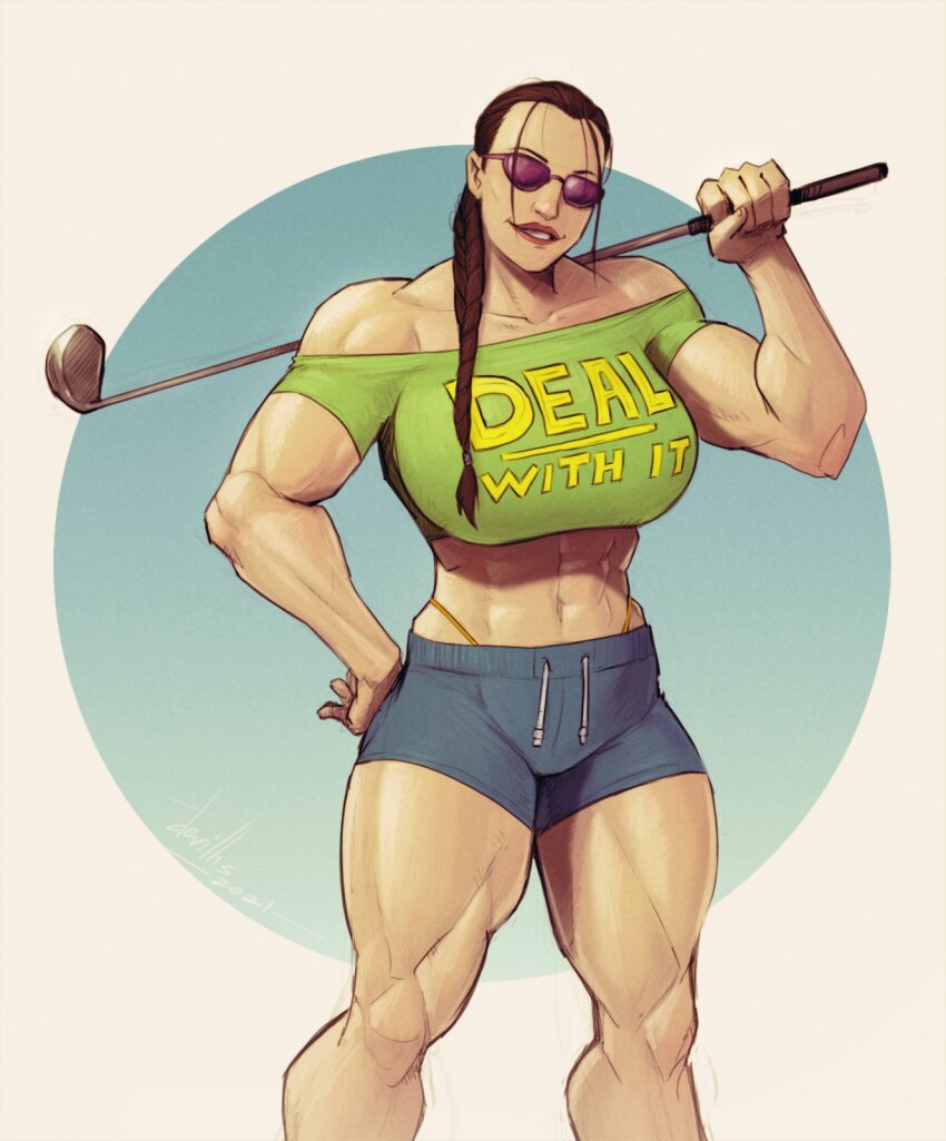 1girl abigail_anderson abs alternate_breast_size bare_shoulders blue_shorts breasts brown_hair crop_top devilhs golf_club green_shirt highres holding holding_golf_club huge_breasts long_hair looking_at_viewer muscular muscular_female navel panty_straps print_shirt shirt short_shorts shorts solo sunglasses the_last_of_us_(series) the_last_of_us_2
