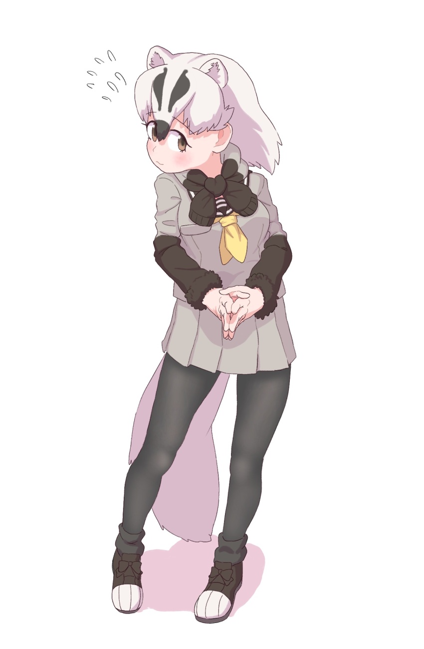 1girl badger_ears badger_girl badger_tail black_hair black_pantyhose black_shoes black_socks black_sweater blush bow brown_eyes extra_ears flying_sweatdrops footwear_bow grey_skirt grey_sweater hair_between_eyes highres japanese_badger_(kemono_friends) kemono_friends multicolored_hair multicolored_shoes neckerchief pantyhose pleated_skirt sailor_collar shoes short_hair skirt sneakers socks solo sweater sweater_around_neck two-tone_hair two-tone_shoes two-tone_sweater un_u_334211 white_hair white_shoes yellow_neckerchief