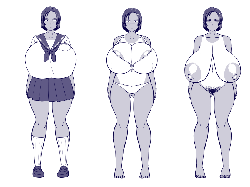 1girl aki_(amazon) amazon_(taitaitaira) bra breasts completely_nude freckles full_body gigantic_breasts hair_ornament huge_areolae huge_nipples large_nipples looking_at_viewer monochrome nude original panties pubic_hair ribbon saggy_breasts sailor_collar sailor_uniform short_hair simple_background skirt standing swimsuit_tan tagme tan tanline underwear white_background