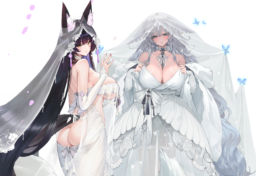 2girls absurdly_long_hair absurdres alternate_costume animal_ear_fluff animal_ears artist_name ass ass_cutout azur_lane back bare_shoulders black_hair blue_butterfly blue_eyes bow breasts bridal_veil bride brown_eyes bug butt_crack butterfly choker cleavage closed_mouth clothing_cutout dark-skinned_female dark_skin dishwasher1910 double-parted_bangs dress empire_waist facial_mark facing_viewer floppy_ears fox_ears fox_girl fox_tail garter_straps gown grey_hair halter_dress halterneck hands_up highres insect large_breasts layered_dress long_hair long_sleeves long_veil looking_at_viewer looking_back looking_to_the_side mandarin_collar multiple_girls musashi_(azur_lane) no_tail parted_lips see-through_clothes see-through_dress see-through_veil shawl shinano_(azur_lane) sideboob simple_background smile standing tail tan translucent veil very_long_hair w_arms waist_bow wedding_dress whisker_markings white_background white_bow white_choker white_garter_straps white_shawl
