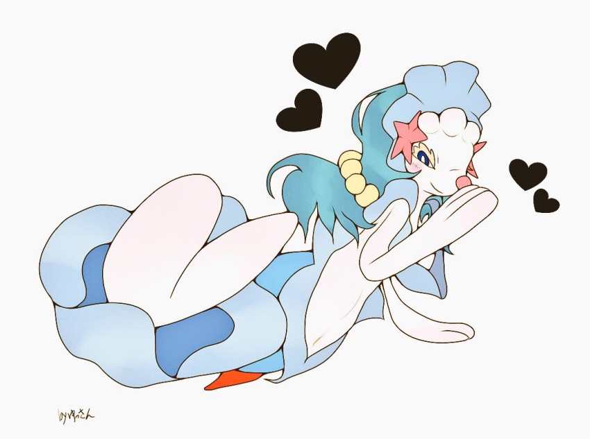 blue_hair closed_mouth colored_skin eyelashes fins fish_tail gen_7_pokemon hair_ornament heart looking_back navel nintendo no_humans pokemon pokemon_(creature) primarina smile solo spikes tail white_skin yusan_(yusssankai)