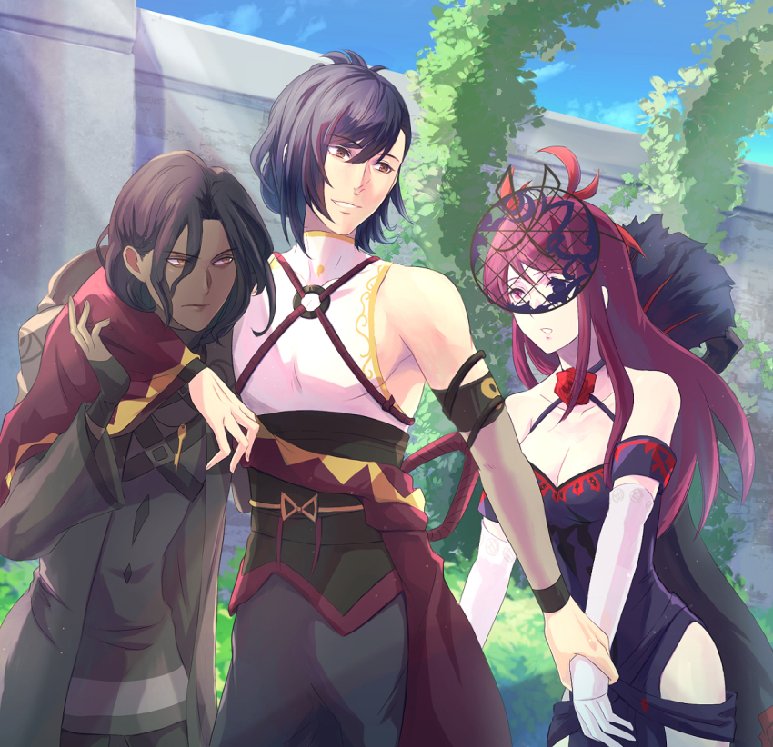 1girl 2boys bare_shoulders black_hair blue_hair breasts brooch cleavage dark-skinned_male dark_blue_hair dark_skin elbow_gloves fascinator fire_emblem fire_emblem_engage flower_brooch folded_ponytail gloves ivy_(fire_emblem) kagetsu_(fire_emblem) large_breasts matching_hair/eyes multiple_boys nintendo purple_eyes purple_hair riou_(pooh920) white_gloves zelkov_(fire_emblem)