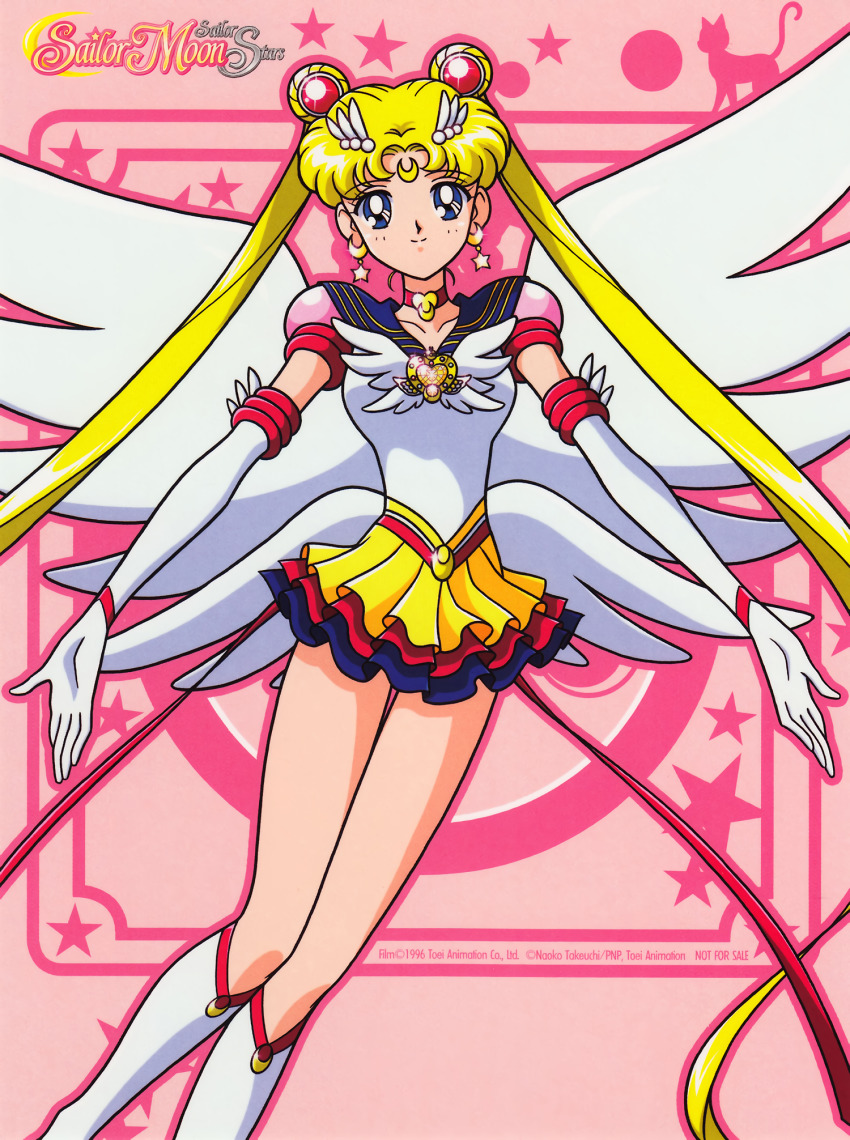 1990s_(style) 1girl bishoujo_senshi_sailor_moon bishoujo_senshi_sailor_moon_sailor_stars bishoujo_senshi_sailor_moon_stars blonde_hair blue_eyes boots brooch copyright_name crescent crescent_earrings crescent_facial_mark double_bun earrings elbow_gloves eternal_sailor_moon facial_mark feet_out_of_frame female_focus forehead_mark gloves hair_bun heart heart_brooch highres jewelry knee_boots long_hair looking_at_viewer magical_girl miniskirt multicolored_skirt not_for_sale official_art pink_background retro_artstyle sailor_moon sailor_senshi_uniform skirt smile solo star_(symbol) star_earrings tsukino_usagi twintails very_long_hair white_boots wing_brooch