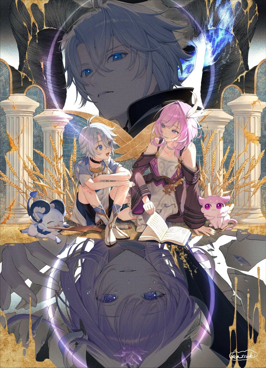 1boy 1girl absurdres animal antenna_hair artist_name bare_shoulders black_shirt black_shorts blue_eyes blue_shirt clothing_cutout collared_shirt commentary_request cyrene_(honkai:_star_rail) dress hair_between_eyes hair_ornament hand_on_ground hands_on_own_knees highres holding holding_paper honkai:_star_rail honkai_(series) infinity_symbol liquid_gold looking_at_another matsuki_tou medium_hair on_ground paper parted_lips phainon_(honkai:_star_rail) pillar pink_hair shirt short_hair shorts sitting sword tears weapon wheat_field white_dress white_hair wooden_sword