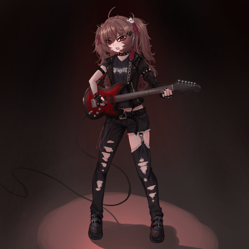 1girl absurdres ahoge belt belt_buckle black_background black_belt black_collar black_jacket black_jeans black_lips black_nail_polish black_shirt black_shoes brown_hair buckle chain choker collar denim ear_piercing electric_guitar evil_neuro-sama eyebrow_piercing face_piercing fang fingerless_gloves fishnet_gloves fishnets full_body gloves gradient_background guitar hair_ornament hairclip heart heart_hair_ornament highres indie_virtual_youtuber instrument jacket jeans long_hair messy mouth_piercing music neuro-sama open_mouth pants piercing playing_instrument plectrum red_ribbon ribbon ritspi shirt shoes skull_hair_ornament solo spiked_choker spiked_collar spikes stage_lights standing studded_gloves studded_jacket sweat t-shirt teeth torn_clothes torn_jeans torn_pants two_side_up