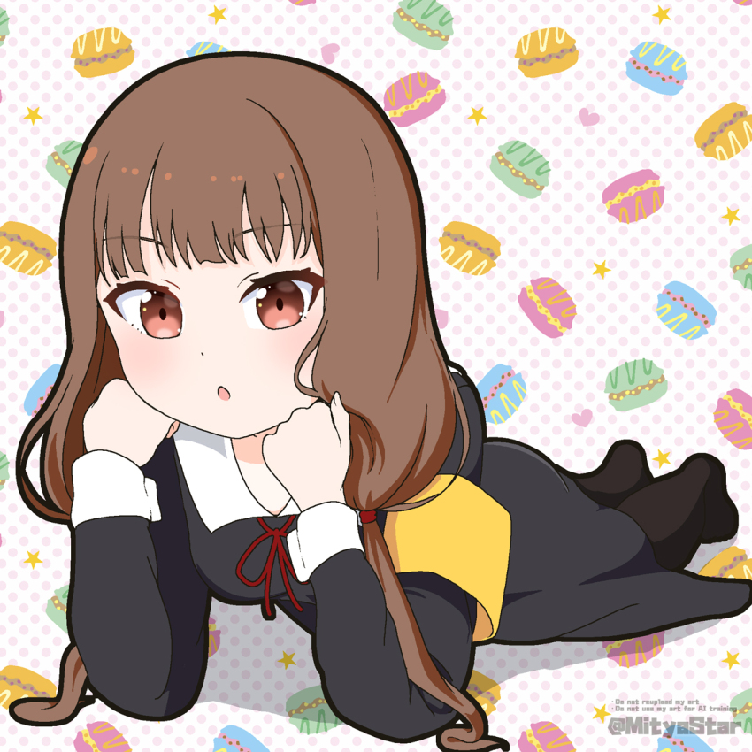 1girl armband black_dress black_pantyhose blush brown_eyes brown_hair collared_dress commentary_request dress english_text full_body hands_up heart highres iino_miko kaguya-sama_wa_kokurasetai_~tensai-tachi_no_renai_zunousen~ long_hair looking_at_viewer low_twintails lying mitya neck_ribbon no_shoes on_stomach pantyhose parted_lips polka_dot polka_dot_background red_ribbon ribbon solo star_(symbol) twintails twitter_username very_long_hair watermark white_background