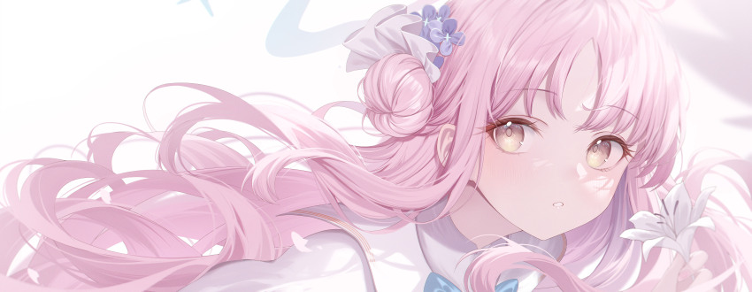 1girl absurdres blue_archive blue_halo commentary english_commentary flower hair_bun hair_ribbon halo highres holding holding_flower incredibly_absurdres long_hair looking_at_viewer mika_(blue_archive) parted_lips pink_hair ribbon roi_(liu_tian) single_hair_bun solo upper_body white_flower white_ribbon yellow_eyes