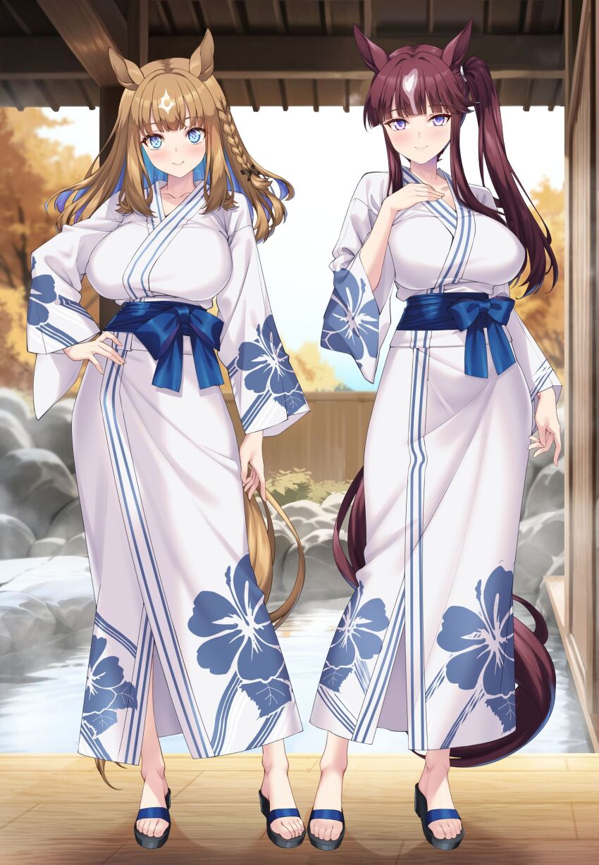 2girls absurdres almond_eye_(umamusume) animal_ears black_bow black_sandals blue_eyes bow breasts brown_hair closed_mouth floral_print full_body hair_bow hair_ornament hand_on_own_hip highres horse_ears horse_girl japanese_clothes kimono large_breasts long_hair looking_at_viewer lucky_lilac_(umamusume) multicolored_hair multiple_girls onsen print_kimono purple_eyes sandals shirokuma_a side_ponytail smile standing toes umamusume white_kimono yukata