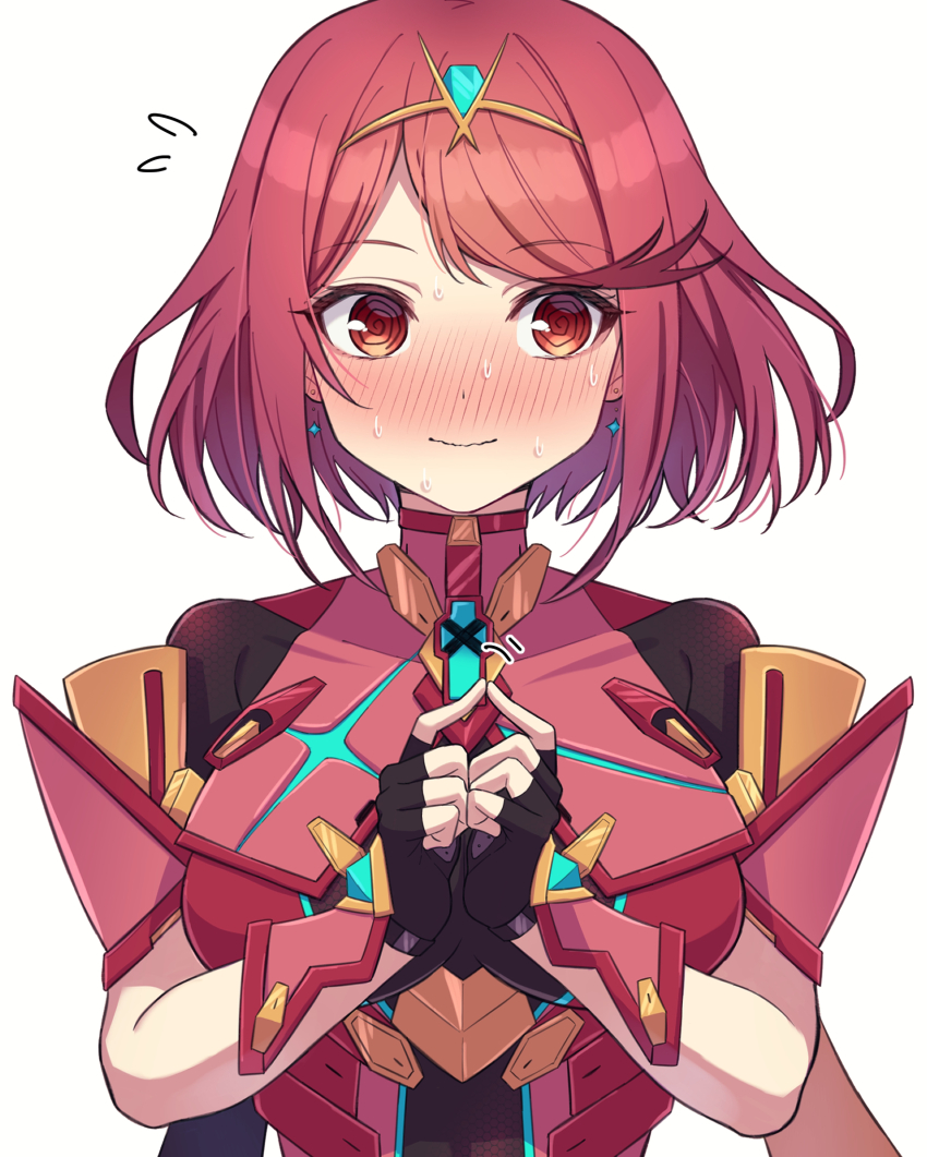 1girl @_@ black_gloves black_leotard blush bob_cut breasts closed_mouth commentary_request fingerless_gloves flying_sweatdrops gloves hands_up headpiece highres large_breasts leotard motion_lines nose_blush pyra_(xenoblade) red_eyes red_hair red_leotard shinae short_hair simple_background solo sweat swept_bangs upper_body wavy_mouth white_background xenoblade_chronicles_(series) xenoblade_chronicles_2