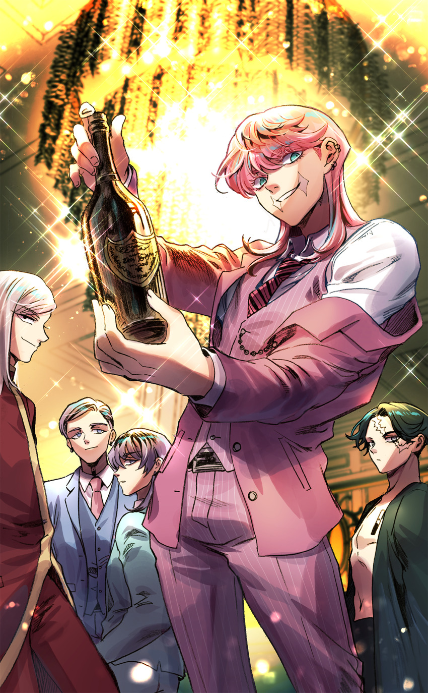 5boys aqua_eyes bae_(baebae) black_eyes black_hair blue_jacket bottle chandelier collared_shirt cowboy_shot ear_piercing eyelashes formal_clothes from_below haitani_ran haitani_rindou heterochromia highres holding holding_bottle jacket kakuchou kokonoi_hajime light_blue_jacket looking_at_another looking_at_viewer male_focus multicolored_hair multiple_boys necktie open_clothes open_jacket pants parted_lips piercing pink_hair pink_necktie purple_eyes purple_hair purple_jacket purple_pants purple_vest red_pants red_shirt sanzu_haruchiyo scar scar_on_face shirt sideways_glance smirk solo_focus standing streaked_hair striped_clothes suit tokyo_revengers vest white_hair white_shirt wine_bottle