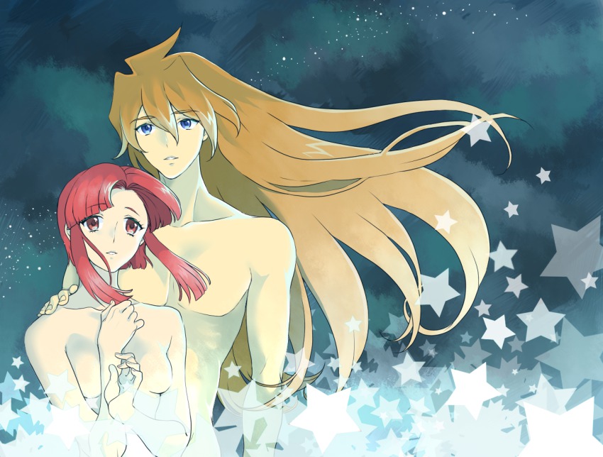 1990s_(style) 1boy 1girl bad_id bad_pixiv_id blue_eyes brown_hair cloud collarbone couple hand_on_another&#039;s_shoulder height_difference hetero kudou_akira long_hair no_nipples nude red_eyes red_hair shishiou_gai short_hair sidelocks smile star_(symbol) utsugi_mikoto yuusha_ou_gaogaigar yuusha_series