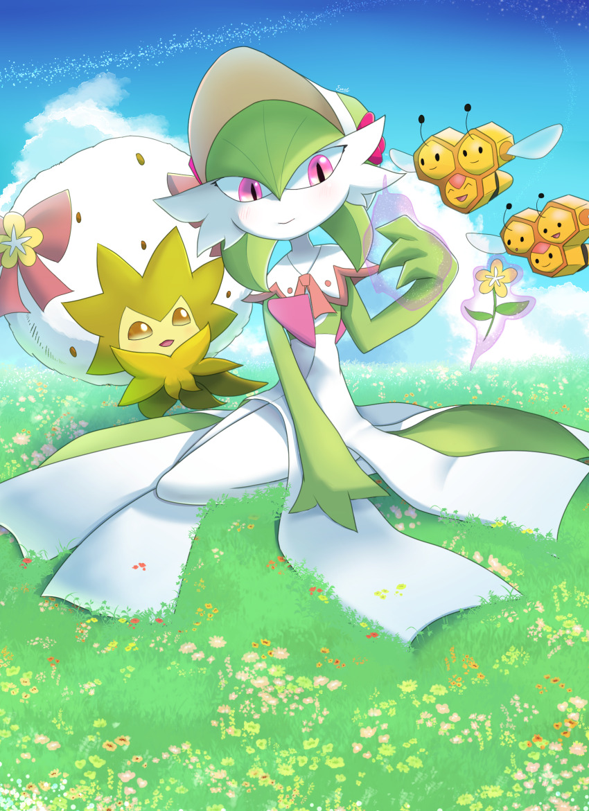 1girl :&gt; ^_^ artist_name black_eyes blue_sky blush bonnet bow brown_sclera capelet closed_eyes closed_mouth cloud colored_sclera colored_skin combee day eldegoss eldegoss_(fashionable) ezest female_focus field flat_chest flower flower_field full_body gardevoir gardevoir_(fashionable) gen_3_pokemon gen_4_pokemon gen_8_pokemon grass green_skin hand_up happy highres multicolored_skin mundane_utility nintendo on_ground open_mouth outdoors pink_eyes pokemon pokemon_(creature) pokemon_unite red_bow red_trim seiza signature sitting sky smile solid_circle_eyes telekinesis two-tone_skin white_bonnet white_capelet white_eyes white_skin yellow_flower