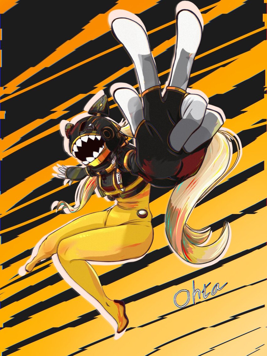 1girl animal_ears_helmet animal_helmet black_background black_helmet black_jacket blonde_hair bodysuit borrowed_character cable character_name chromatic_aberration commentary cropped_jacket english_commentary faceless faceless_female floating foreshortening full_body glitch helmet high_collar highres jacket long_hair long_sleeves midair ohta_(min_lona) orange_background orange_bodysuit original oryuu_ryuuo outstretched_arm perspective pouch sharp_teeth skin_tight solo striped_background teeth twintails very_long_hair w