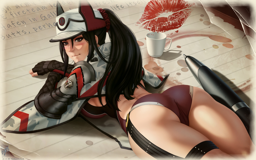 1girl :t adapted_costume animal_hat armor ass backless_swimsuit bare_legs blush breasts cameltoe camouflage camouflage_cloak cat_hat cloak coffee_mug commentary competition_swimsuit cup english_commentary fingerless_gloves gloves grey_eyes hair_ornament hair_scrunchie hair_through_headwear hat highres kai_schren legs_together letter long_hair looking_back lying medium_breasts military military_uniform mini_person minigirl mug narrow_waist nose on_stomach one-piece_swimsuit pauldrons pen ponytail pout purple_one-piece_swimsuit red_scrunchie scrunchie senjou_no_valkyria_(series) senjou_no_valkyria_4 shoulder_armor sideboob single_pauldron solo swimsuit themaestronoob thick_thighs thigh_strap thighs turning_head vambraces