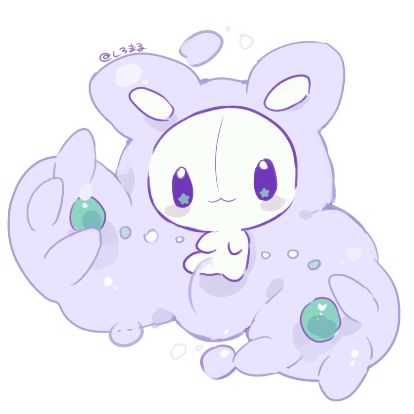 +_+ alternate_color blue_eyes blush blush_stickers closed_mouth commentary_request floating gen_5_pokemon highres nintendo no_humans ovoip pokemon pokemon_(creature) reuniclus shiny_pokemon simple_background smile solo twitter_username white_background