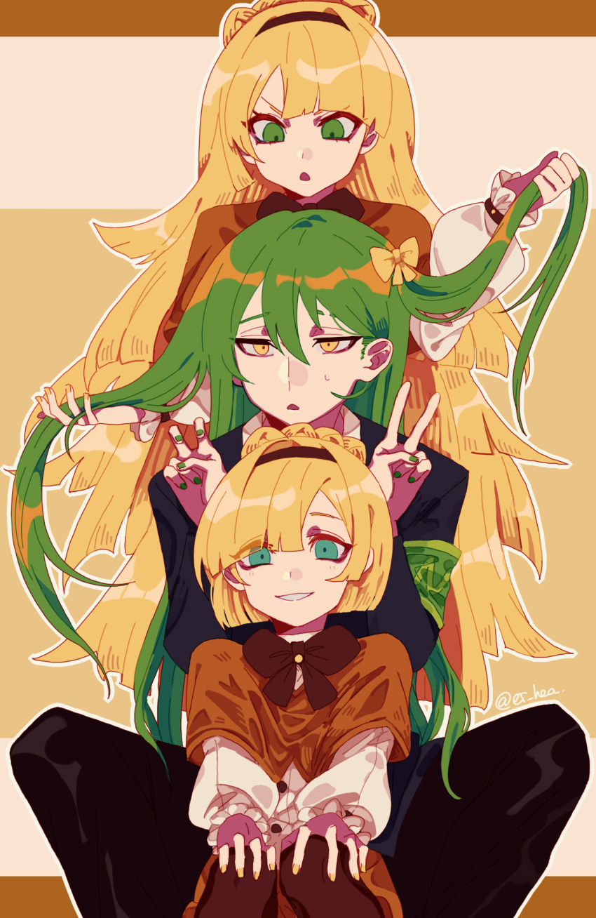 1girl 2boys aqua_eyes armband artist_name blonde_hair blunt_bangs blunt_ends bow bowtie braid brown_background brown_bow brown_capelet brown_hairband capelet chinese_commentary crown_braid double_v er_hea eyes_visible_through_hair frilled_sleeves frills green_armband green_eyes green_hair green_nails grin hair_bow hairband hands_on_own_knees highres holding_another&#039;s_hair knees_together_feet_apart lobotomy_corporation long_hair long_sleeves looking_at_another looking_down multicolored_background multiple_boys netzach_(project_moon) project_moon shirt short_hair simple_background sitting sitting_on_lap sitting_on_person smile sweat tiphereth_a_(project_moon) tiphereth_b_(project_moon) triangle_mouth twitter_username v very_long_hair white_shirt yellow_background yellow_bow yellow_eyes yellow_nails