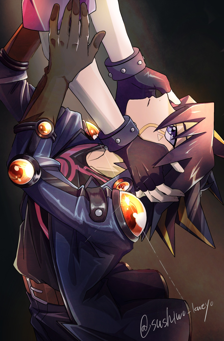 2boys black_gloves black_hair black_shirt blonde_hair blue_eyes blue_jacket brown_gloves dark_background facial_mark fingerless_gloves fudo_yusei gloves head_back highres jacket kiryu_kyosuke male_focus multicolored_hair multiple_boys shirt solo_focus streaked_hair tokiwajing twitter_username two-tone_hair yu-gi-oh! yu-gi-oh!_5d&#039;s