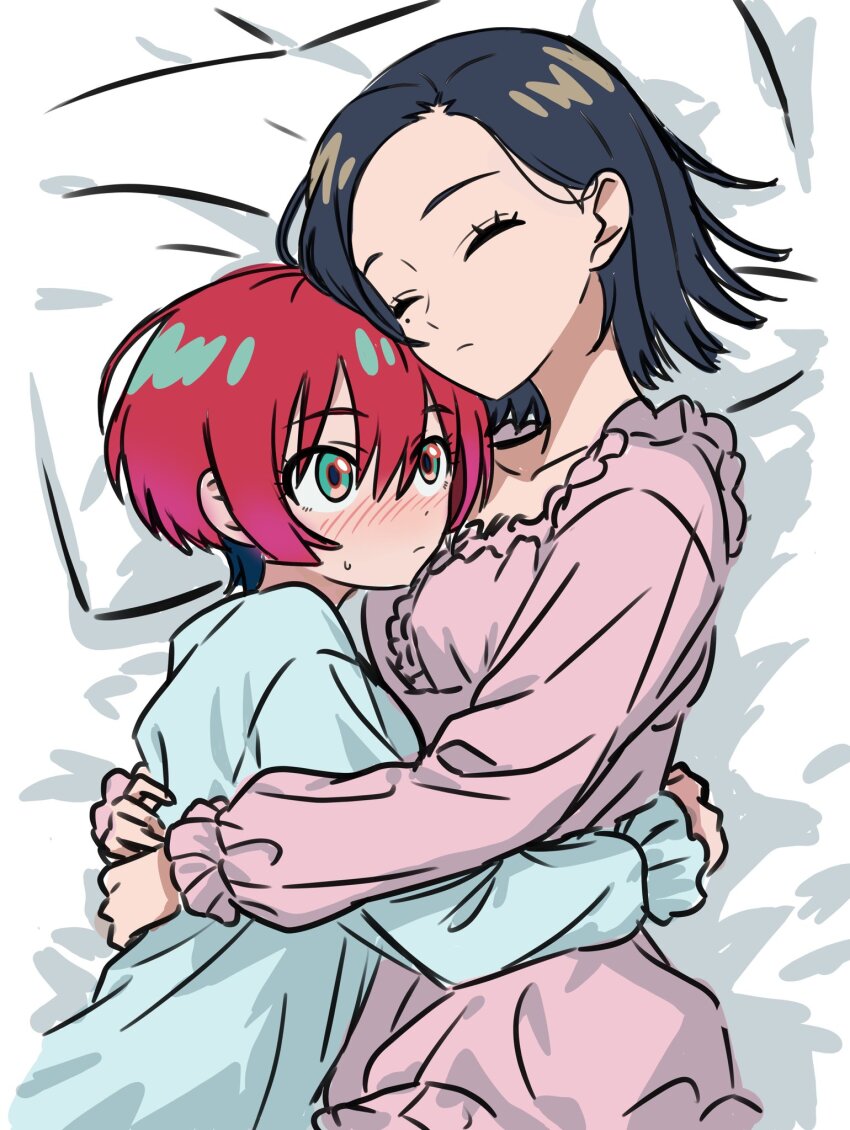2girls amate_yuzuriha black_hair blue_dress blue_eyes blush closed_eyes closed_mouth commentary_request comoli_harcourt cuddling dress gundam gundam_gquuuuuux highres hug kousuke0912 long_sleeves mole mole_under_eye multiple_girls on_bed pajamas pillow pink_dress red_hair short_hair yuri