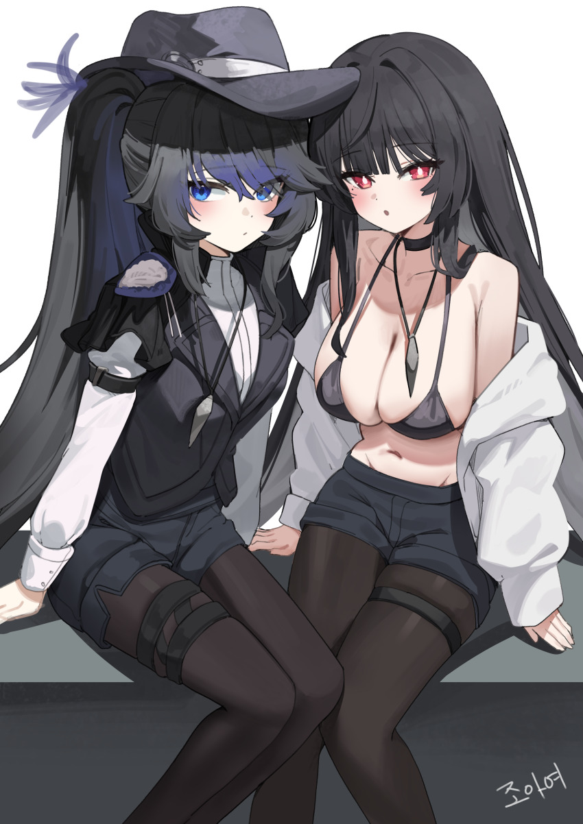 2girls absurdres bare_shoulders bikini bikini_top_only black_bikini black_choker black_hair black_hat black_shorts black_vest blue_eyes breasts bright_pupils brown_pantyhose character_request choker cleavage colored_inner_hair commentary_request commission fedora grey_hair halterneck hat highres jacket jewelry korean_commentary large_breasts long_hair long_sleeves looking_at_viewer multicolored_hair multiple_girls navel necklace nogong off_shoulder open_clothes open_jacket original pantyhose parted_lips red_eyes rie_(mirae_yang) second-party_source shirt short_shorts shorts simple_background sitting stomach string_bikini swimsuit thigh_strap twintails two-tone_hair very_long_hair vest white_background white_jacket white_shirt