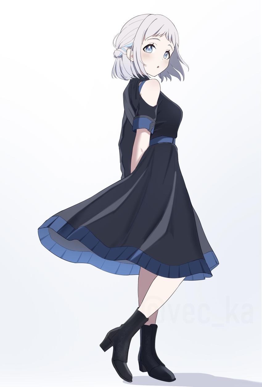 1girl absurdres arms_behind_back asymmetrical_sleeves belt black_boots black_dress blue_belt blue_eyes blue_ribbon boots braid breasts clothing_cutout dress full_body gakuen_idolmaster grey_hair hair_ribbon half_up_braid high_heel_boots high_heels highres idolmaster katsuragi_lilja long_sleeves looking_at_viewer medium_breasts open_mouth ribbon ribbon_braid short_hair short_sleeves shoulder_cutout simple_background solo standing vec_ka white_background