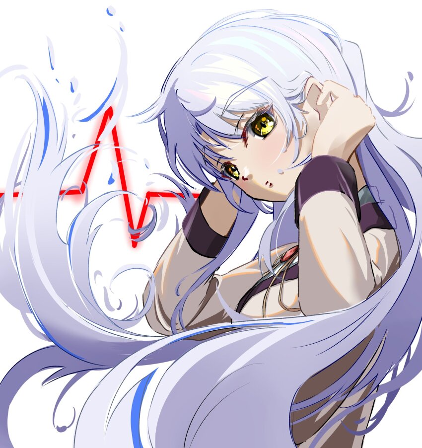 1girl adjusting_hair angel_beats! arms_up blush closed_mouth commentary_request expressionless eyelashes floating_hair from_side hair_between_eyes highres jacket long_hair long_sleeves looking_at_viewer school_uniform sidelocks simple_background solo tanishi_(hetianming11093) tenshi_(angel_beats!) upper_body very_long_hair white_background white_hair yellow_eyes yellow_jacket