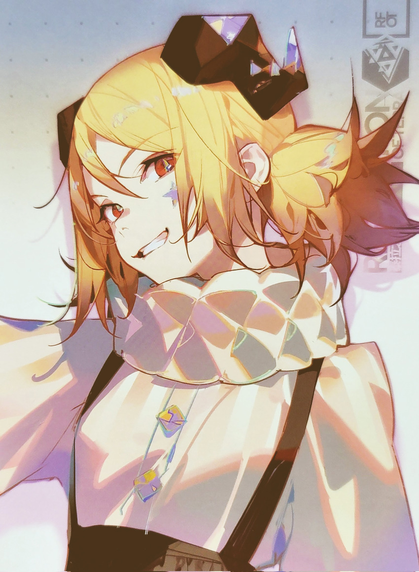 1girl absurdres alternate_costume arknights ask_(askzy) blonde_hair collar highres horns ifrit_(arknights) non-web_source overalls red_eyes shirt short_hair simple_background white_background white_shirt