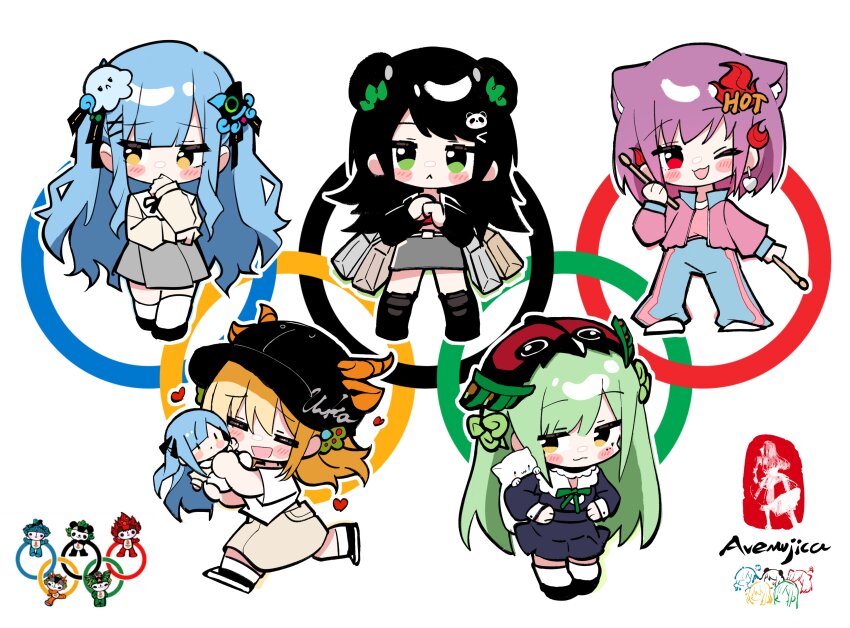 5girls :&lt; :3 absurdres animal_ears animalization ave_mujica_(bang_dream!) bag bang_dream! bang_dream!_it&#039;s_mygo!!!!! baseball_cap black_boots black_hat black_jacket black_ribbon blonde_hair blue_dress blue_hair blue_pants blush boots brown_skirt cat_ears cat_girl character_doll commentary double_bun dress english_commentary green_eyes green_hair grey_skirt hair_bun hair_ornament hair_ribbon hat heart highres jacket jellyfish_hair_ornament kaname_raana kemonomimi_mode long_hair misumi_uika multiple_girls neck_ribbon oblivionis_(bang_dream!) olympic_rings one_eye_closed open_clothes open_jacket panda_hair_ornament pants pink_jacket pink_shirt purple_hair raana_the_cat red_eyes red_hat red_shirt ribbon shirt shopping_bag short_hair short_sleeves sidelocks simple_background skirt socks togawa_sakiko wakaba_mutsumi white_background white_shirt white_socks yahata_umiri yellow_eyes yuutenji_nyamu zhanzhangzlw