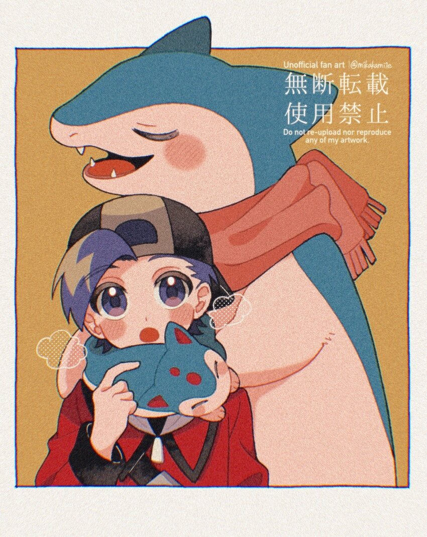 1boy :o backwards_hat black_eyes black_hair blush breath closed_eyes ethan_(pokemon) fangs gen_2_pokemon hat highres jacket looking_up male_focus mikakami1e nintendo open_mouth pokemon pokemon_(creature) pokemon_hgss quilava red_jacket scarf smile typhlosion