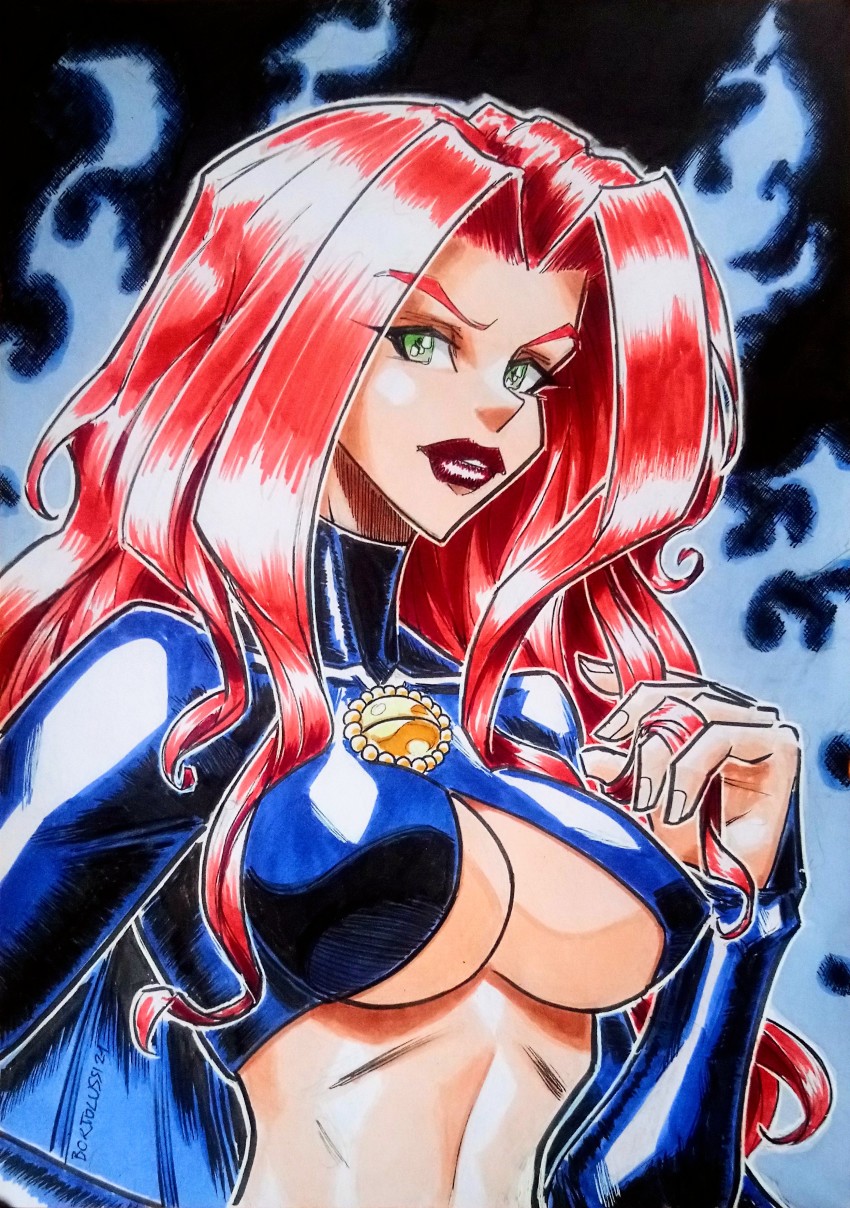 1girl absurdres breasts breasts_squeezed_together goblin_queen goth_fashion green_eyes highres jacket large_breasts leather leather_jacket madelyne_pryor marvel non-web_source red_hair red_hair_demon_girl_(mdf_an) retro_artstyle solo underboob x-men