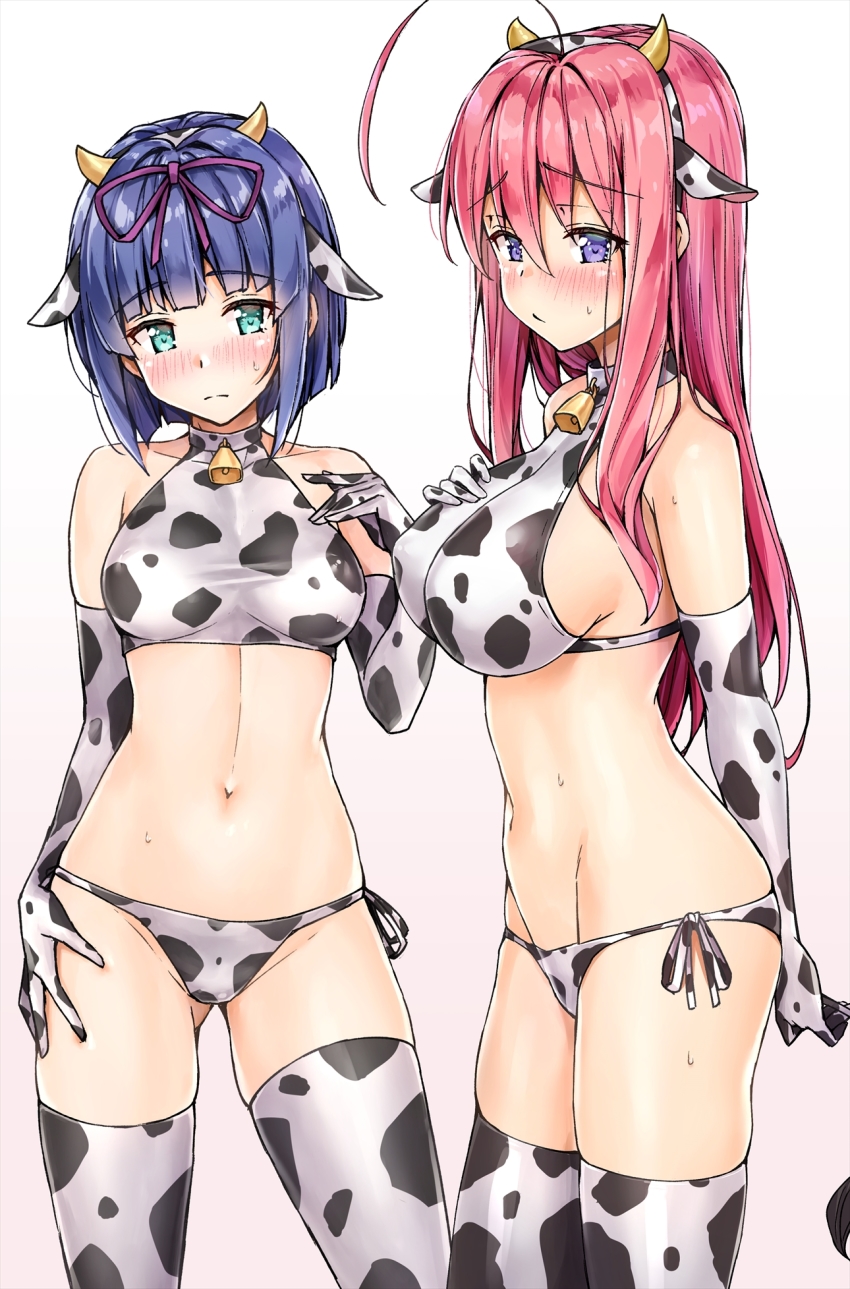 2girls ahoge animal_costume animal_ears animal_print arm_behind_back bare_shoulders bell bikini blue_hair blush breasts closed_mouth collar collarbone commentary_request covered_erect_nipples cow_ears cow_girl cow_horns cow_print cow_tail cowbell cowboy_shot elbow_gloves fake_animal_ears fake_horns from_side frown gloves green_eyes groin hair_between_eyes hair_ribbon hairband hand_on_own_chest hand_on_own_hip highres horns ideura_shizuri izumi_hina_(neet_kunoichi) koyuki_(kotatsu358) large_breasts lingerie long_hair looking_at_viewer multiple_girls navel neck_bell neet_de_otaku_na_kunoichi_to_naze_ka_dousei_hajimemashita pink_hair print_bikini print_gloves purple_eyes purple_ribbon ribbon short_hair side-tie_bikini_bottom side-tie_bottom simple_background standing stomach straight_hair sweat sweatdrop swimsuit tail thighhighs underwear white_background