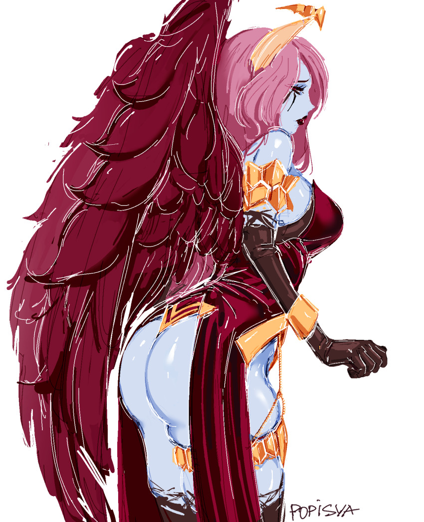1girl 2025 aliasing artist_name ass ass_focus blue_skin bracelet breasts chain colored_skin cowboy_shot crown curvy demon demon_girl demon_horns dota_(series) dota_2 dress elbow_gloves english_text gloves gold gold_chain gold_crown highres horns jewelry lipstick long_hair looking_at_viewer makeup medium_breasts pink_hair popisya queen_of_pain_(dota) red_dress red_lips red_wings self-upload signature solo thighhighs thighs torn_clothes wavy_hair white_background wings worried