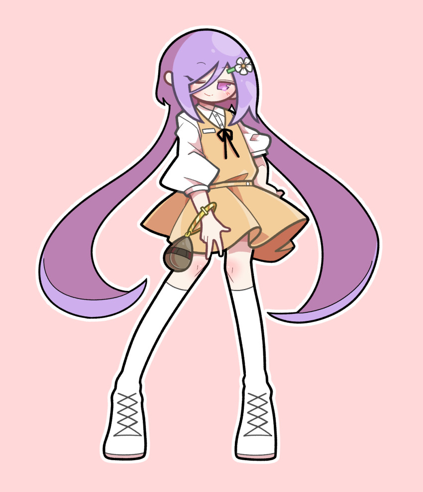1girl ;) baek_ban black_ribbon boots closed_mouth flat_chest flower full_body hair_flower hair_ornament hand_on_own_hip highres long_hair miniskirt neck_ribbon one_eye_closed orange_skirt orange_vest outline pleated_skirt puffy_sleeves purple_eyes purple_hair red_background ribbon shirt simple_background skirt smile solo touhou tsukumo_benben vest white_boots white_flower white_outline white_shirt