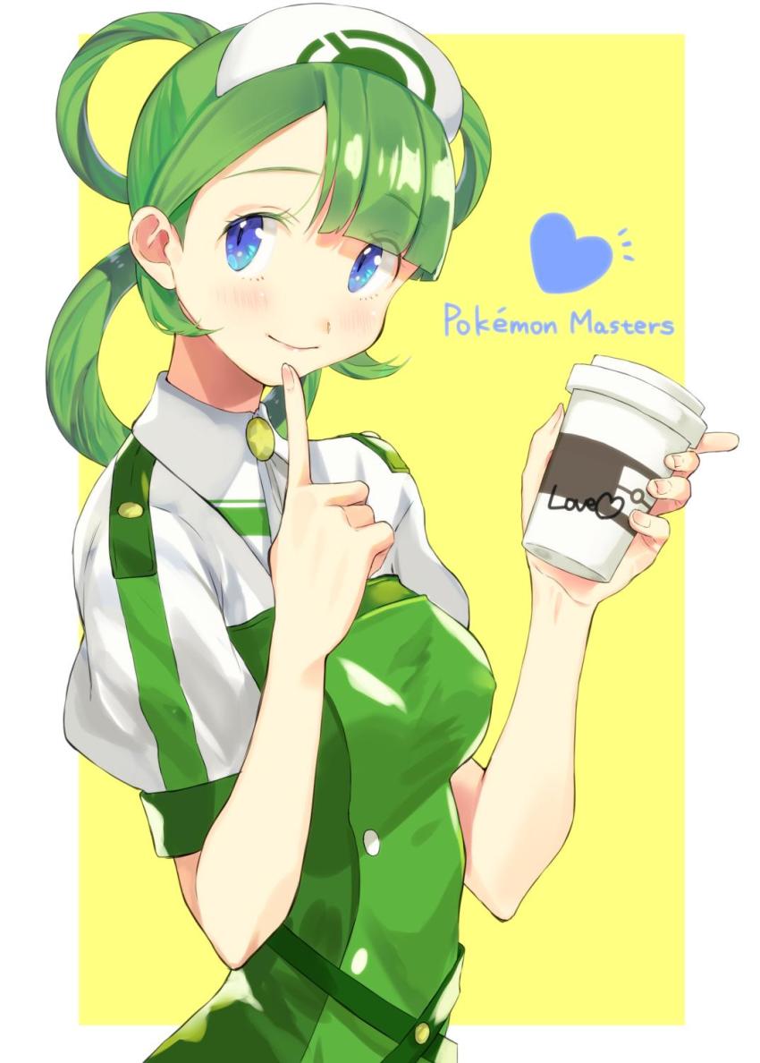 1girl asymmetrical_bangs blue_eyes blush breasts copyright_name cup disposable_cup finger_to_mouth fujie-yz green_eyes hair_rings hat heart highres holding holding_cup index_finger_raised medium_breasts nintendo pokemon pokemon_masters_ex short_sleeves simple_background smile solo star_(symbol) trinnia_(pokemon) two-tone_background upper_body white_hat