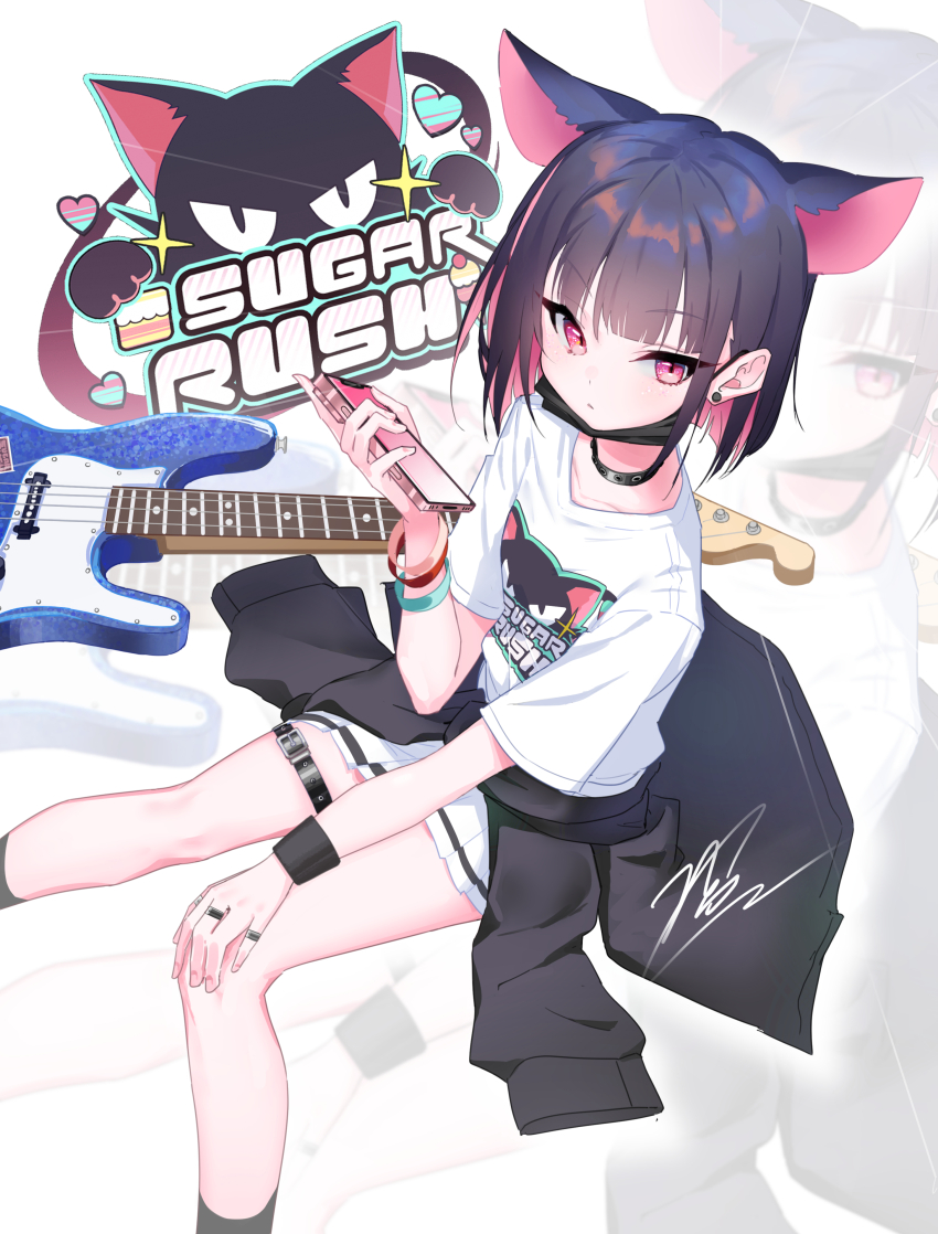 1girl absurdres bass_guitar blue_archive cellphone clothes_around_waist bass_guitar fender_jazz_bass highres holding holding_phone ingyanggang instrument iphone jacket jacket_around_waist kazusa_(band)_(blue_archive) kazusa_(blue_archive) korean_commentary legs phone smartphone solo thigh_strap