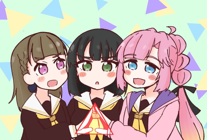 3girls :d :o ahoge amado_(amaddo_club) anyoji_hime black_bow black_hair black_ribbon blonde_hair blue_eyes blunt_bangs blunt_ends bow braid brown_dress brown_hair center-flap_bangs commentary_request dress gradient_hair green_background green_eyes hair_bow hair_ribbon hasu_no_sora_school_uniform highres hood hooded_jacket jacket kachimachi_kosuzu link!_like!_love_live! long_hair long_sleeves love_live! momose_ginko multi-tied_hair multicolored_hair multiple_girls neckerchief open_clothes open_jacket open_mouth pink_eyes pink_hair pink_jacket ponytail ribbon sailor_collar sailor_dress school_uniform short_hair side_braids sidelocks smile straight_hair swept_bangs triangle triangle_background triangle_hands upper_body virtual_youtuber white_sailor_collar winter_uniform yellow_neckerchief